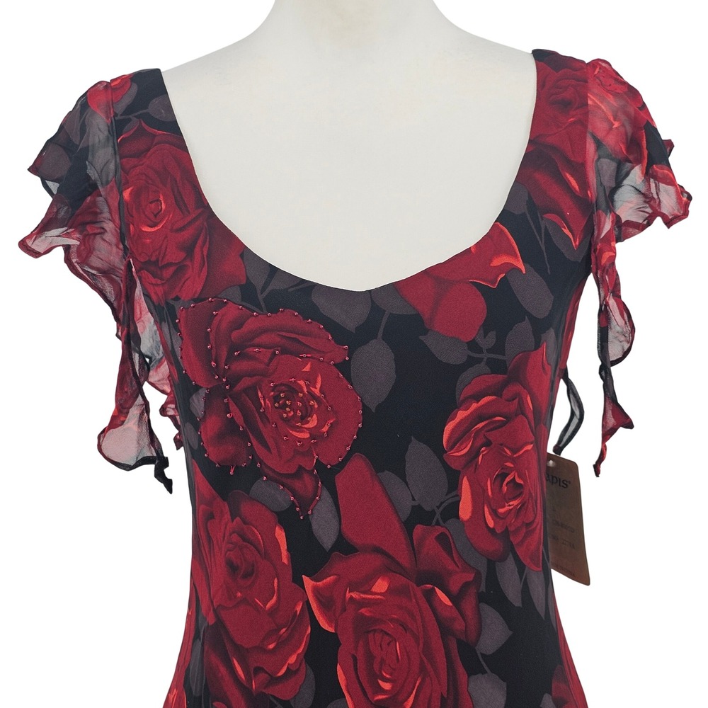 Vintage Lapis Silk Bias Rose Maxi Dress L Black Red Hanky Hem Whimsigoth Y2K NWT - Picture 5 of 16